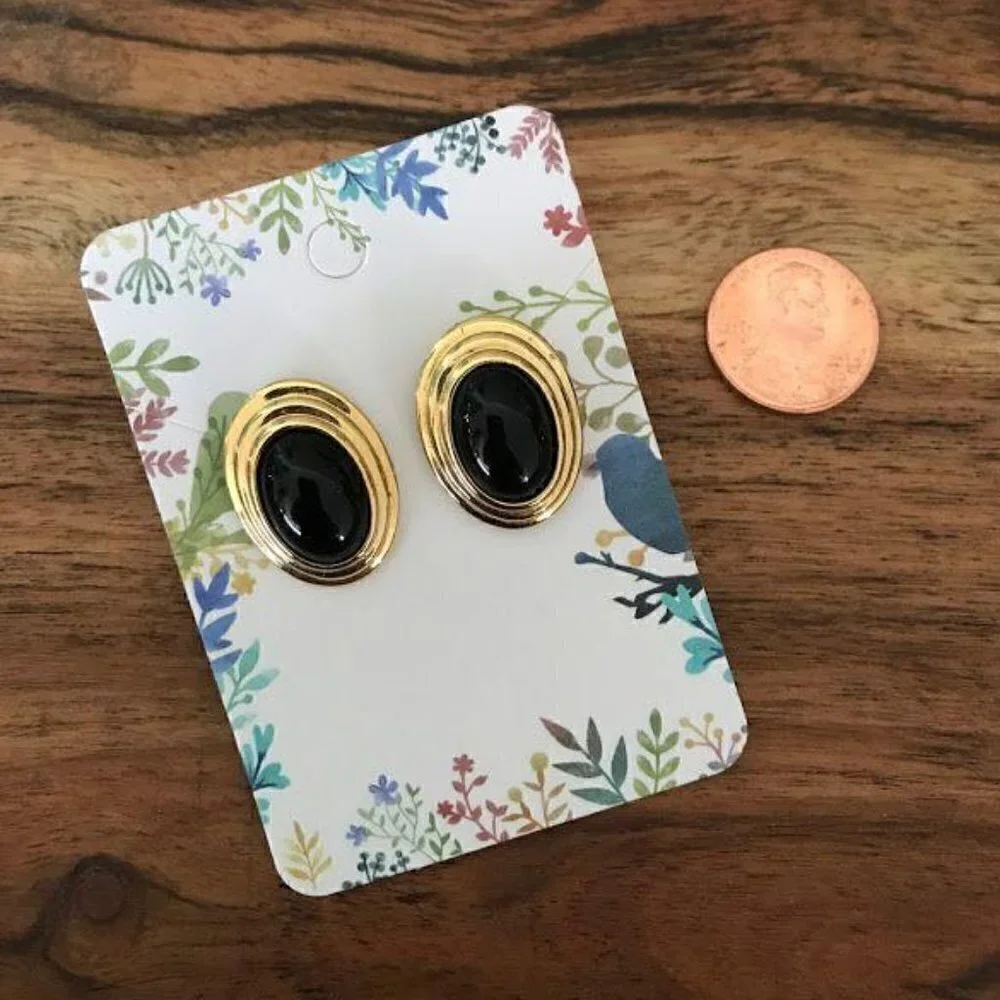 Vintage Black and Goldtone Oval Earrings Studs - Picture 2 of 2